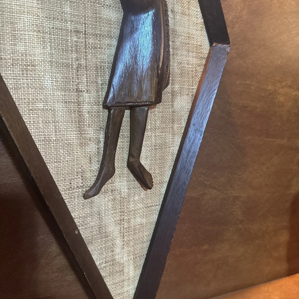Vintage Mid Century Style Carved Wall Art Burlap Teak Wood 24